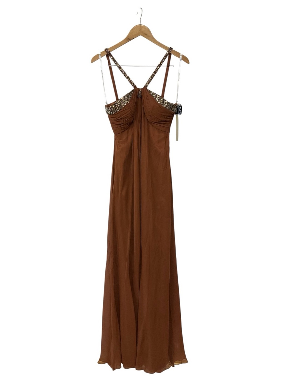 NWT Y2K Mikael Aghal Brown Silk Beaded Ruched Maxi Gown Dress 8